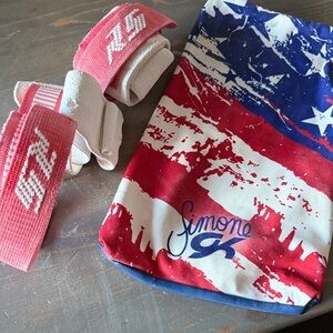 Gibson gymnasts bar Wraps. Simone Red White Blue grip bag.